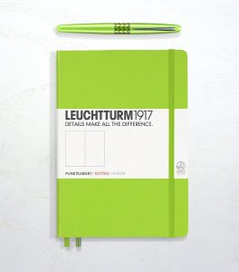 Leucchtturm 1917 dotted in lime green and a green Pilot Metropolitan fountain pen.